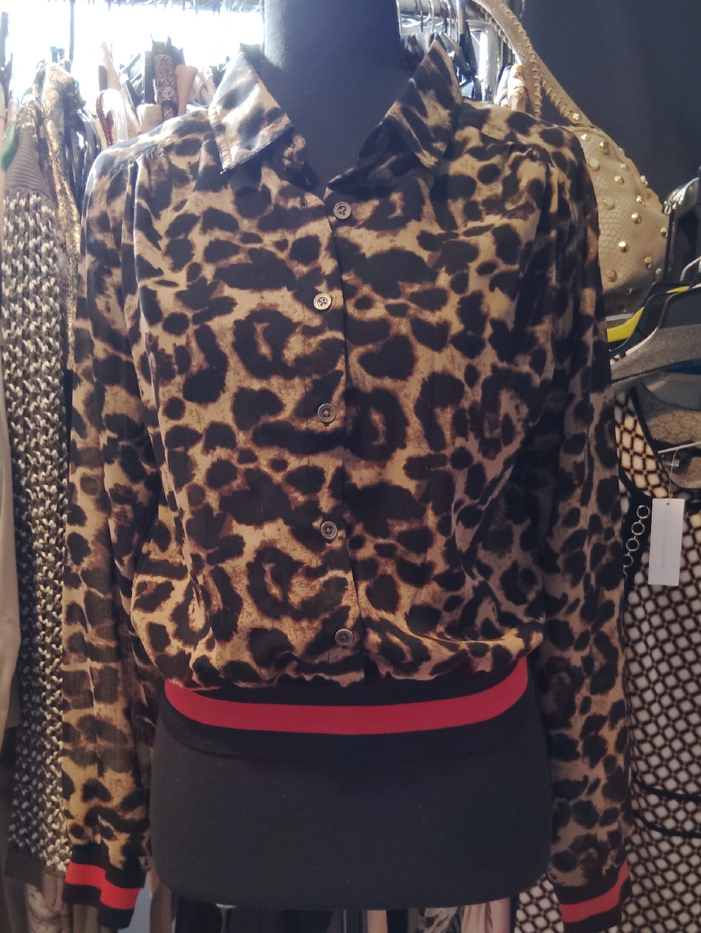 Leopard Print Button-Up Blouse with Red Trim S